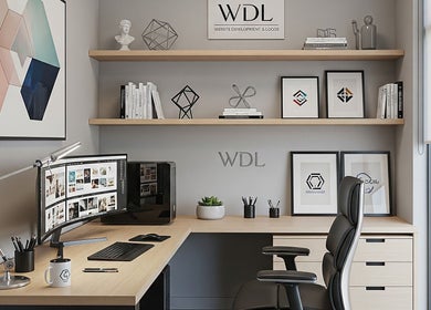 Chic office workspace at Stardaughterworks, Chennai, IN with modern desk, monitor, and artistic decor.