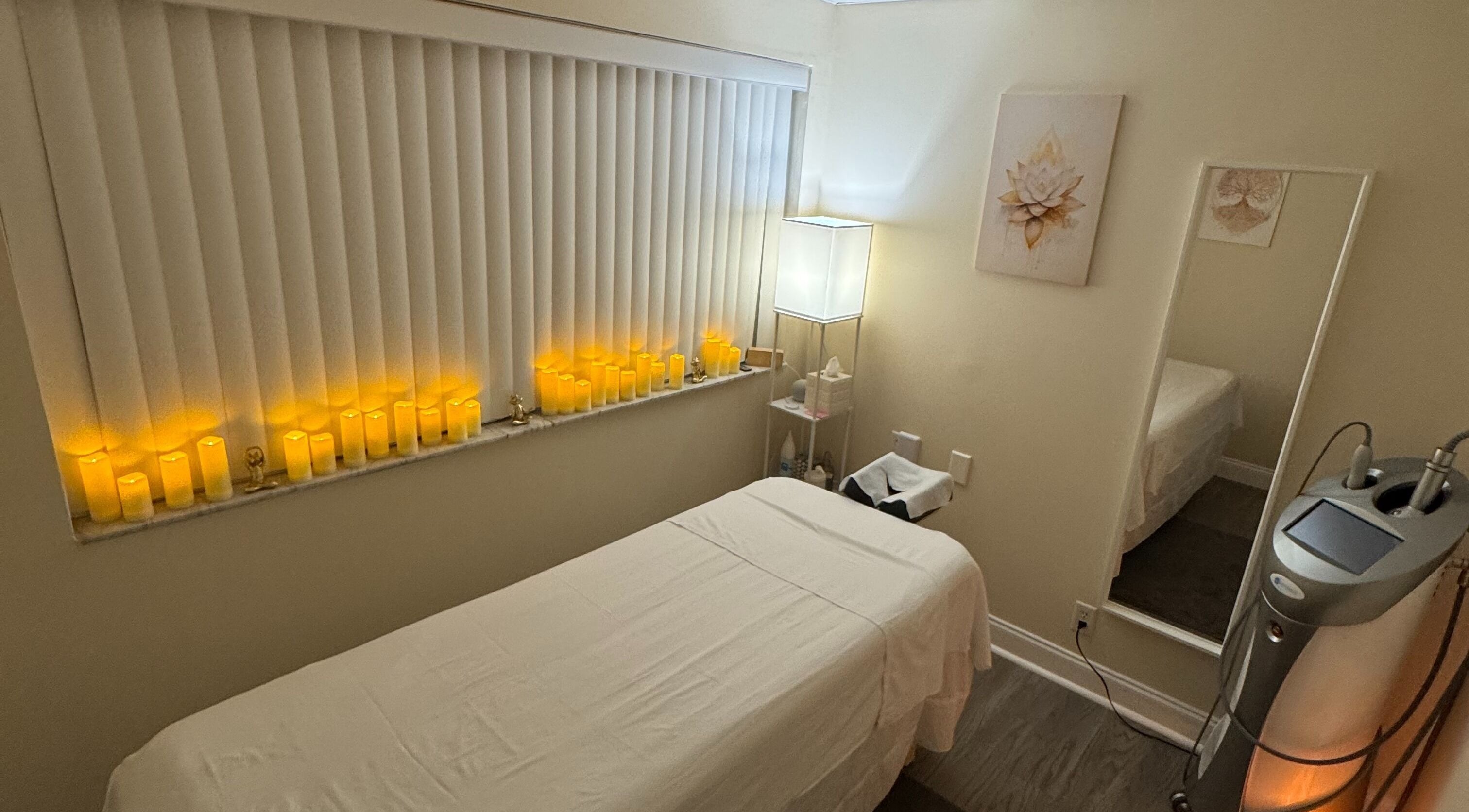 Tranquil massage room with candles at VS Energetics Boca Raton in Boca Raton, Florida, US.