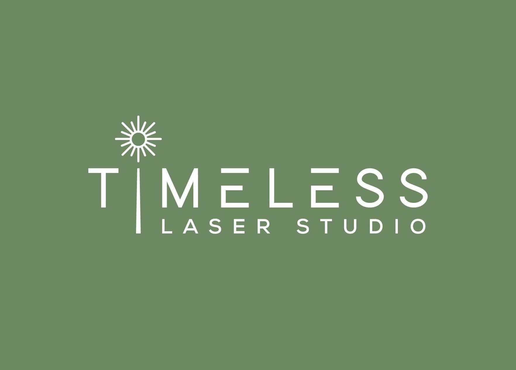 Logotipo do Timeless Laser Studio em Matosinhos, Porto, PT. Fundo verde-oliva com texto branco elegante.
