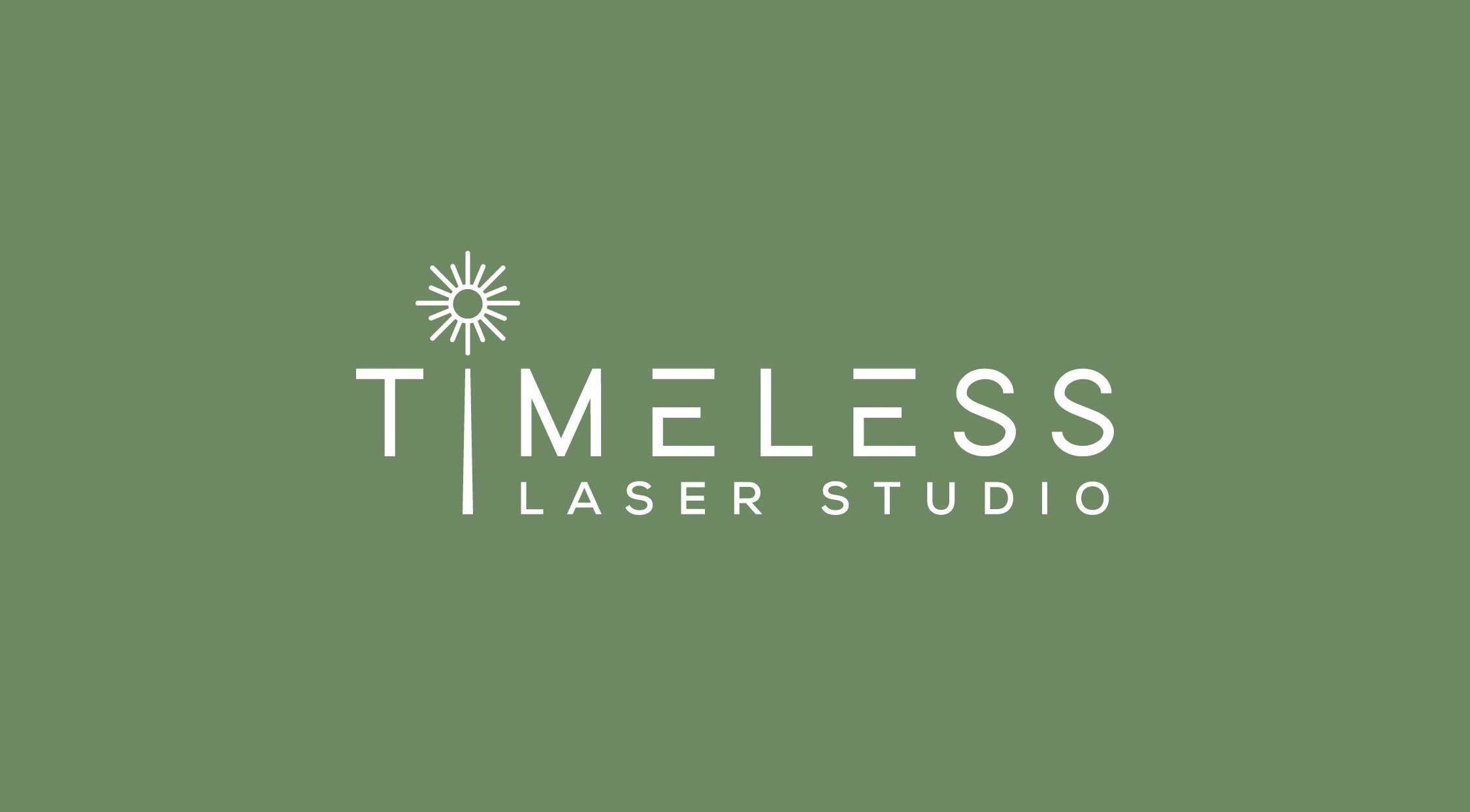 Logotipo do Timeless Laser Studio em Matosinhos, Porto, PT. Fundo verde-oliva com texto branco elegante.