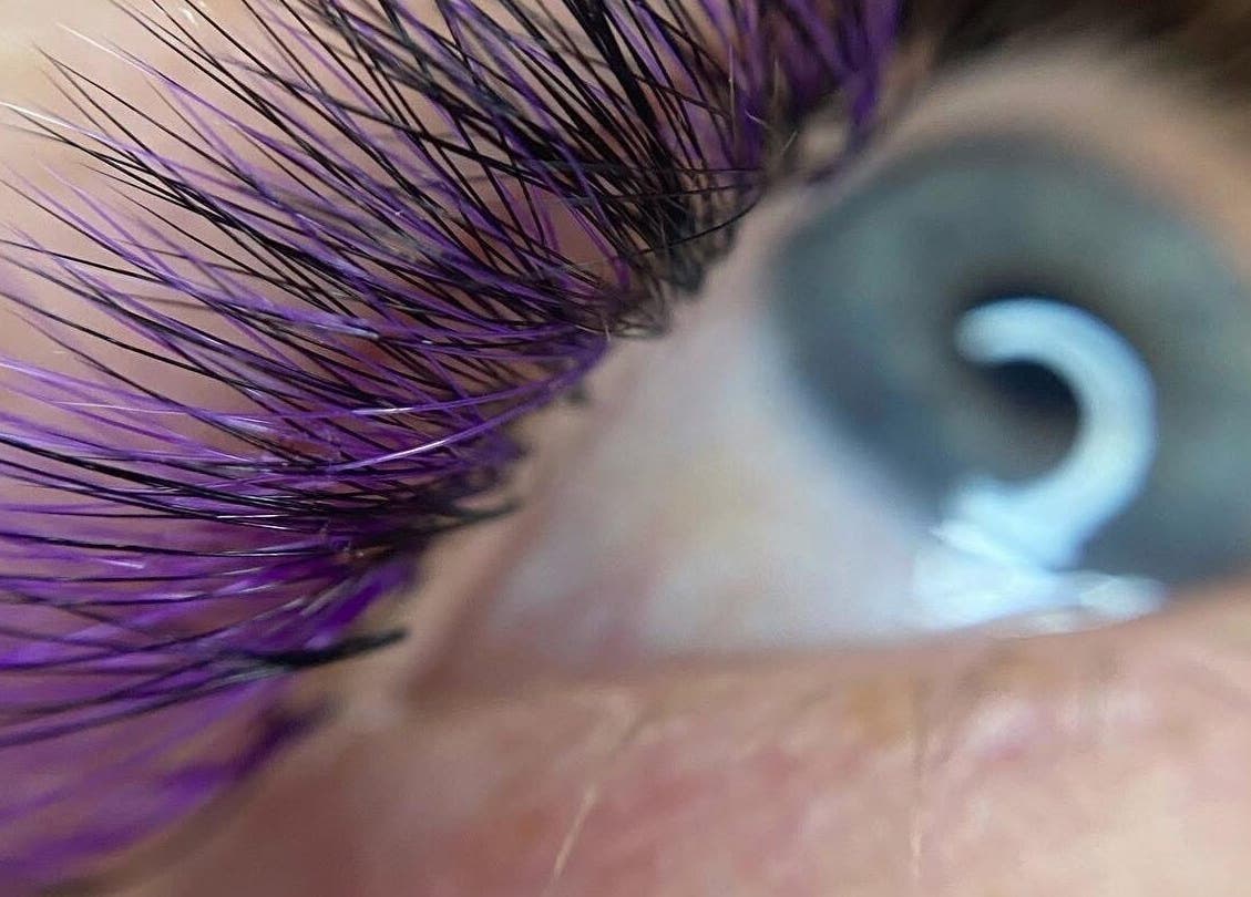 Close-up of purple eyelash extensions at Daniela Siantova Nail Courses, Hull, England, GB.