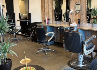 Rustieke kapperstoel en planten bij HAIRSTUDIO REESHOF, Tilburg, Noord-brabant, NL.