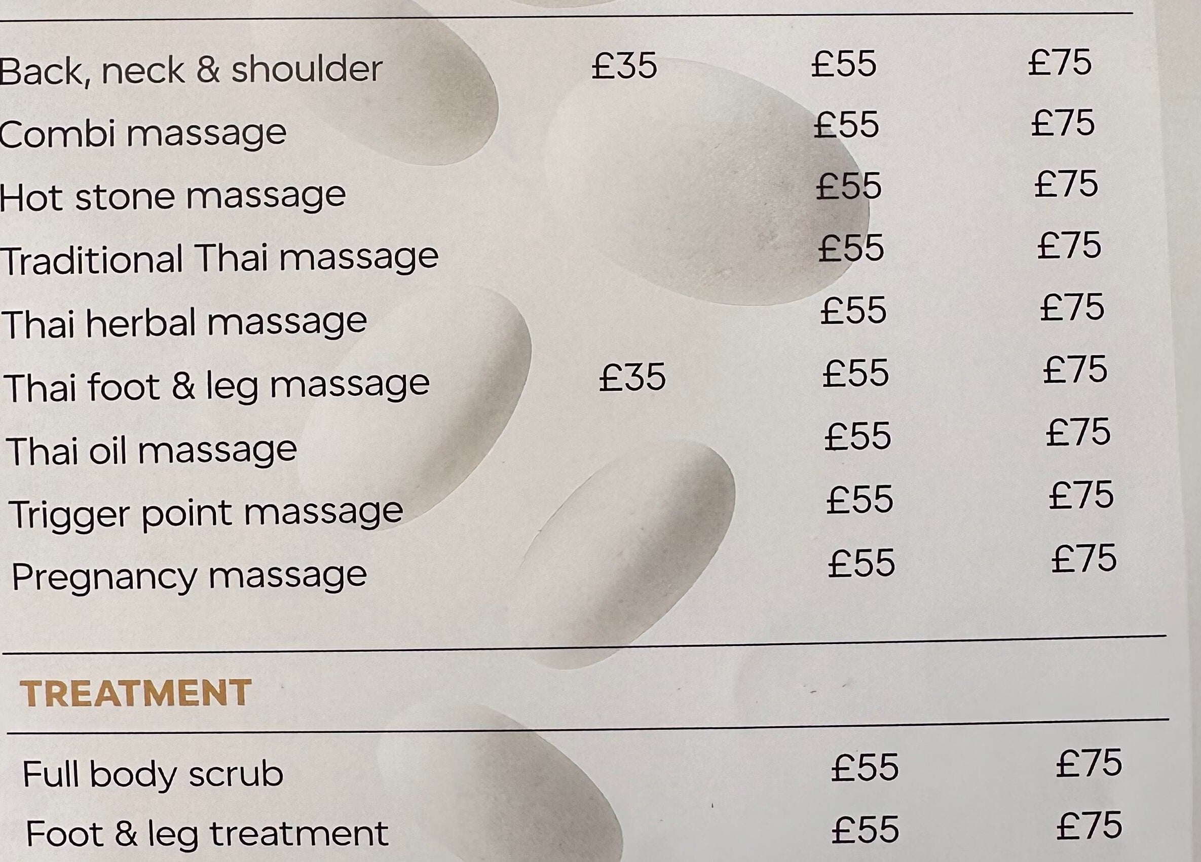 Detailed massage menu list at Thaidy Massage, Newport, Wales, GB showcasing diverse wellness treatments.