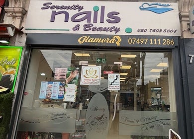 Front view of Glamora Hair in London, England, GB, showcasing beauty and wellness services signage.