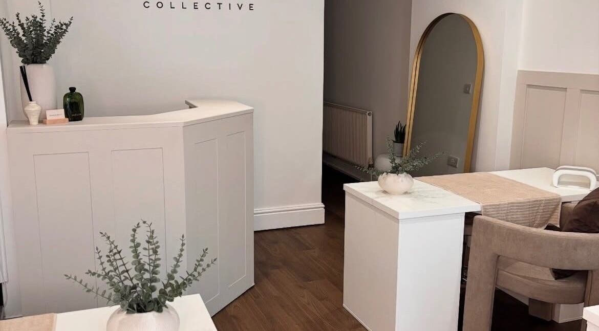Elegant reception area at Halo Skin Lab in Worsley, England, GB featuring decor and seating.