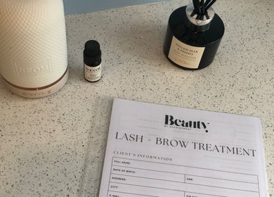 Lash and brow treatment setup at Beauty by Appointment, Colgate, England, GB.