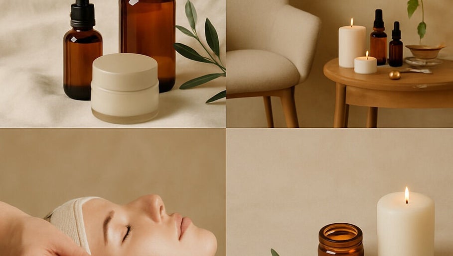Relaxing spa setup at Hippie Beauty in Montréal, CA, featuring candles, essential oils, and facial treatment.