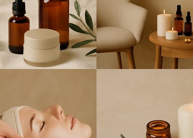 Relaxing spa setup at Hippie Beauty in Montréal, CA, featuring candles, essential oils, and facial treatment.