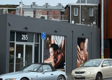 Exterior view of Rivera Spa and Massage, Christchurch, Canterbury Region, NZ. Modern design with inviting signage.