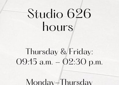 Studio 626 By Becky hours sign at Wigan, England, GB showing operating times.