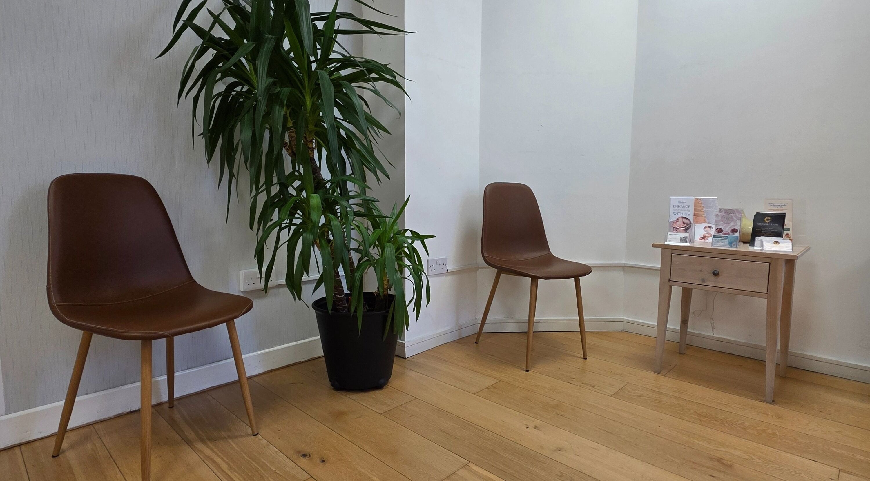 Cozy seating area at Guto Ribeiro, Dublin, County Dublin, IE featuring brown chairs and a lush plant.