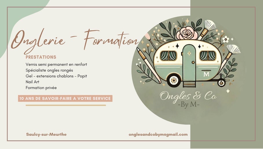 Carte de présentation Ongles & Co by M à Saulcy-sur-Meurthe, Grand Est, FR. Services d'onglerie et formation.