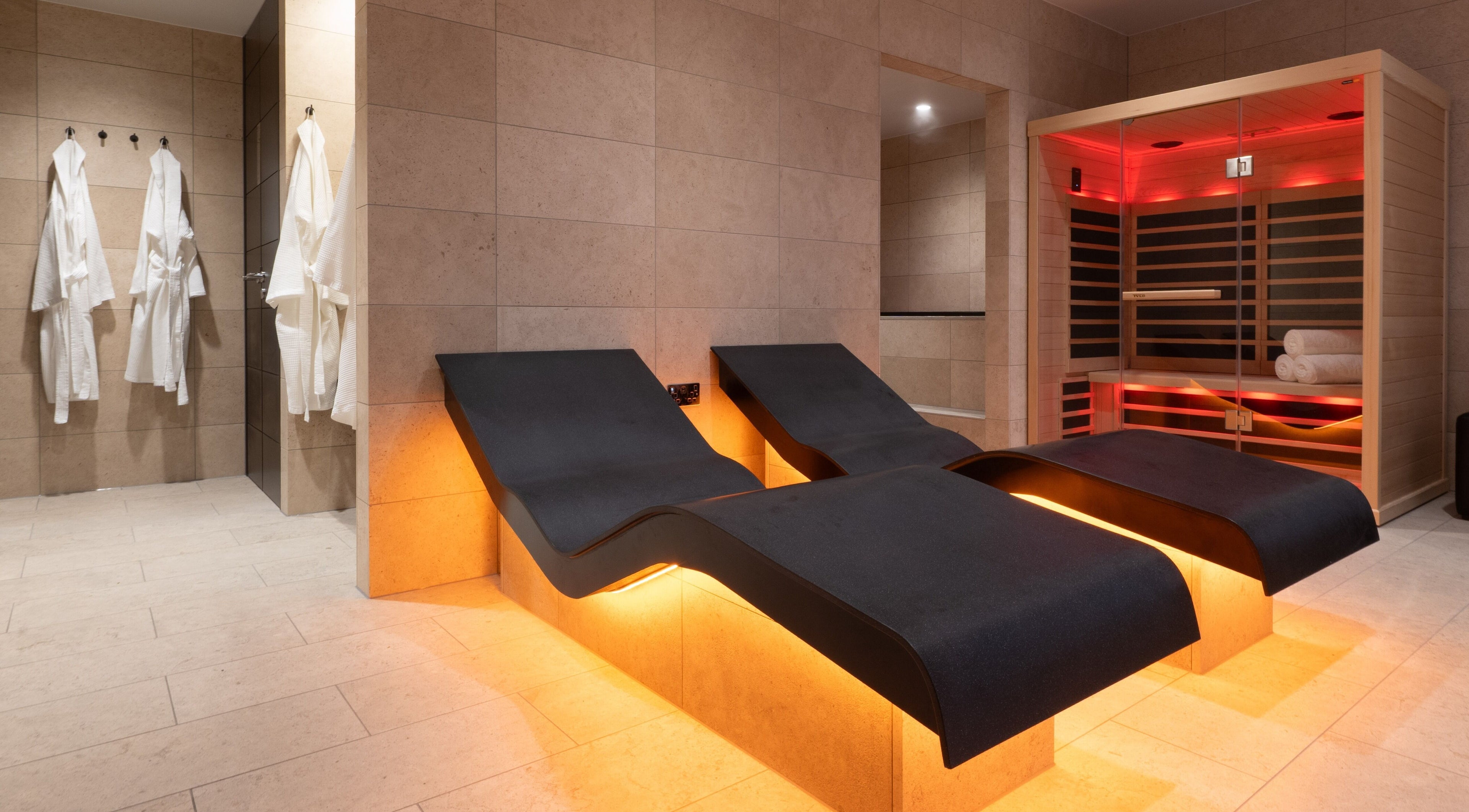 Luxury spa chairs and sauna at Twr y Felin Hotel, St Davids, Wales, GB for ultimate relaxation.