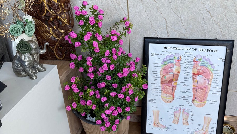 Decorative elements at Kenton Thai Massage Therapy Ltd., London, England, GB featuring foot reflexology chart and flowers.