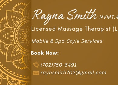 Contact info for Rayna Smith, LMT Mobile Massage Therapist in Las Vegas, Nevada, US with decorative design.