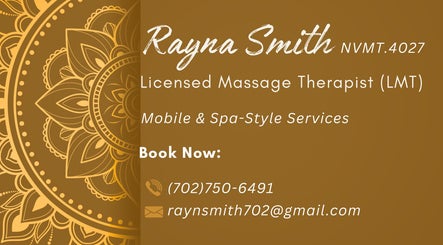 Contact info for Rayna Smith, LMT Mobile Massage Therapist in Las Vegas, Nevada, US with decorative design.
