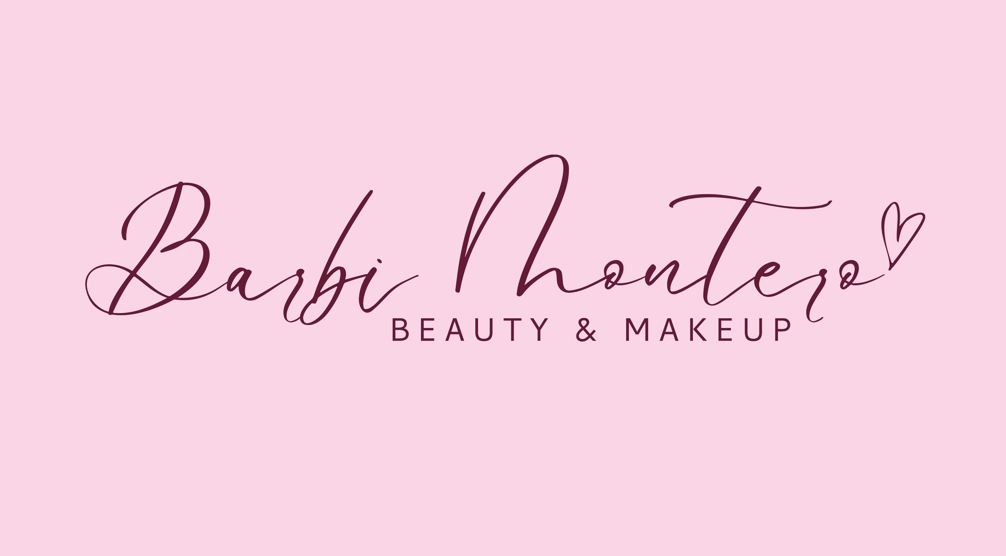 Logo de Barbi Montero - Beauty & Makeup en Concepción, Bío Bío, CL con diseño elegante y fondo rosa.