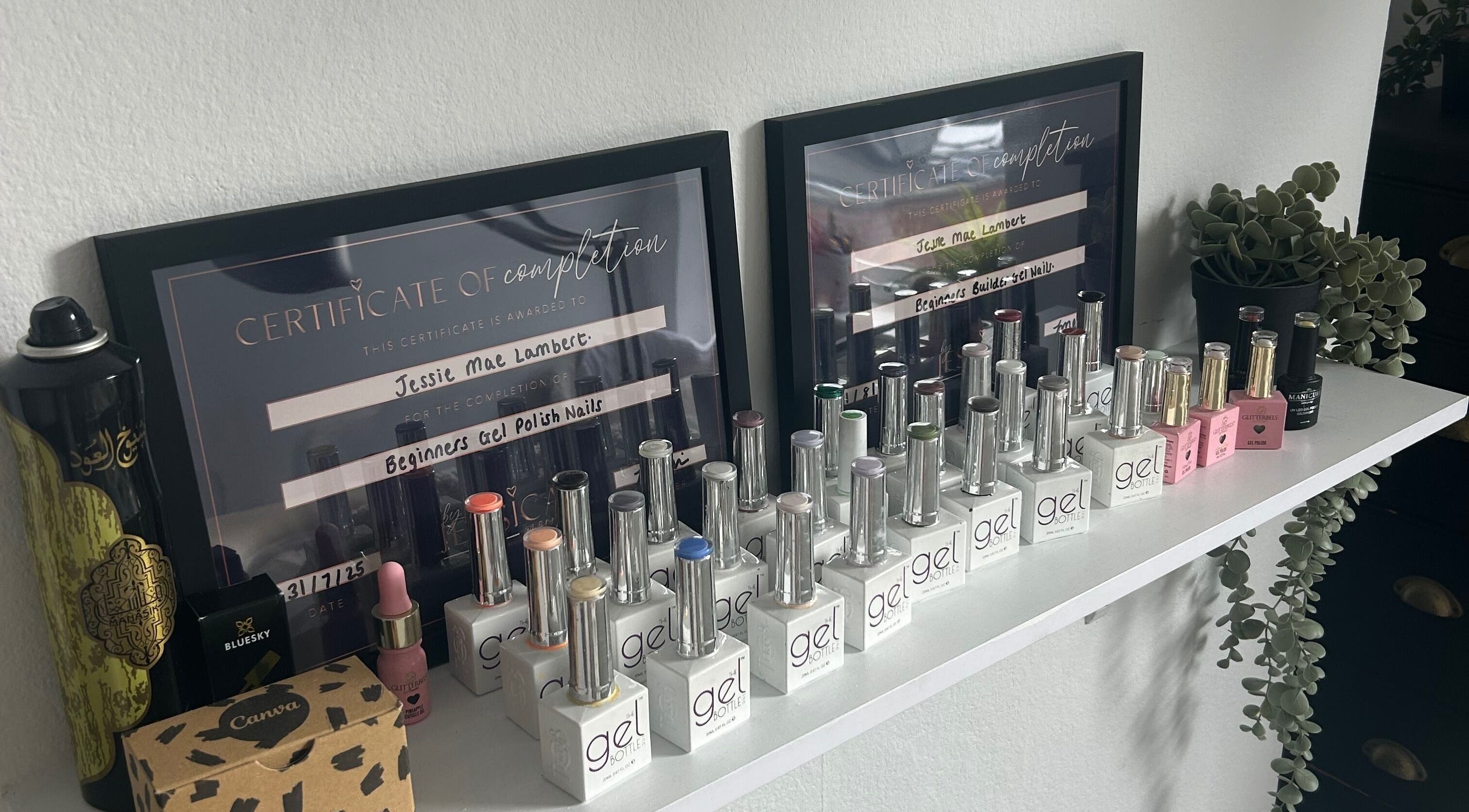 Certificates and gel polish showcase at Jml Nail Lab, Derby, England, GB.
