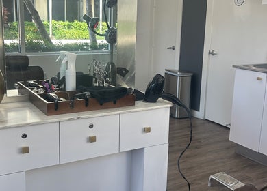Styling station at Bristol Haircare in In the Grove Hair Studio, Delray Beach, Florida, US.