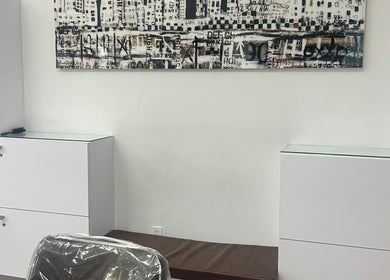 Contemporary salon interior at Bristol Haircare, In the Grove Hair Studio, Delray Beach, Florida, US.