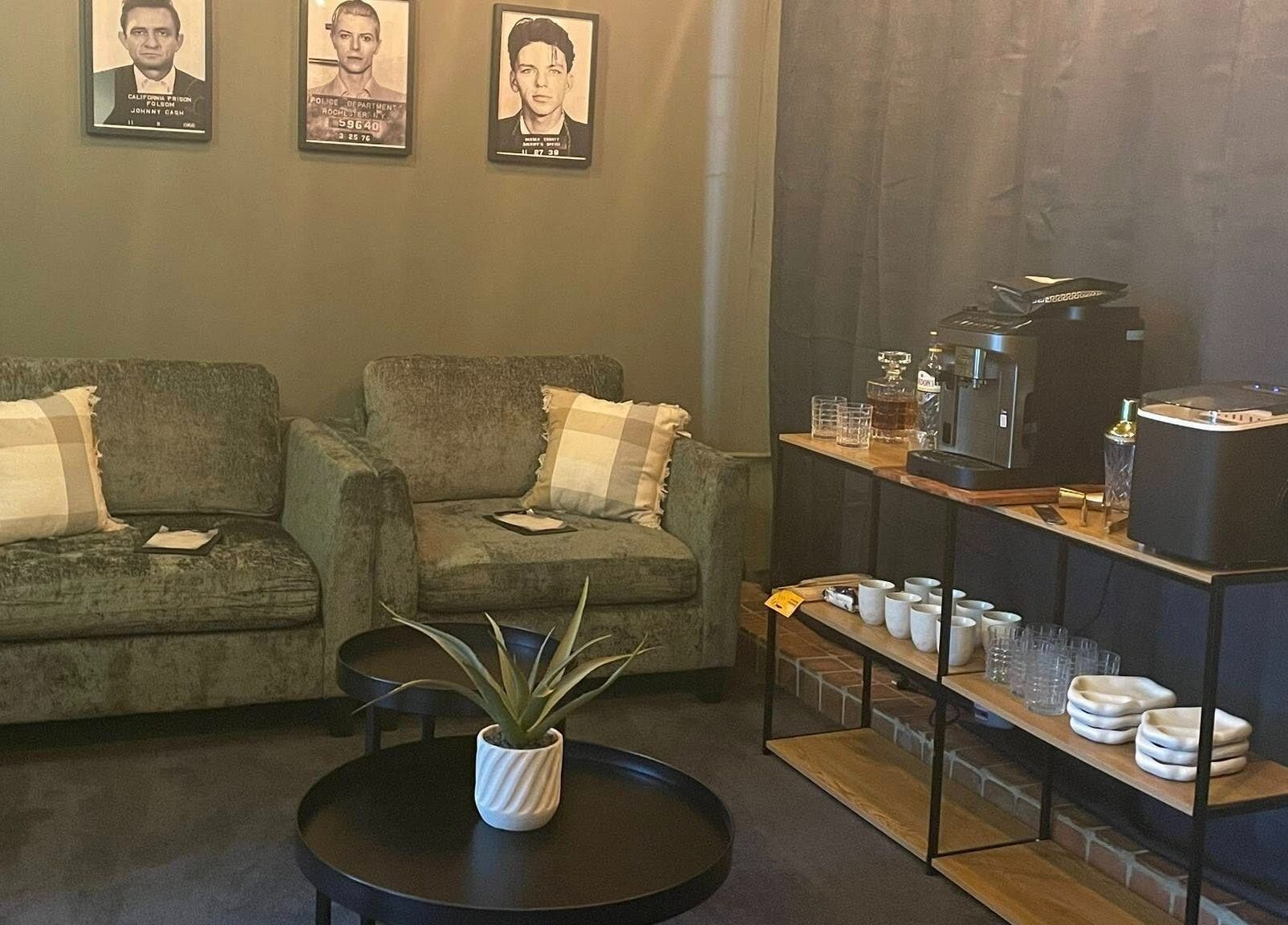 Cozy seating and coffee setup at Viktor - Men's Grooming Lounge, Caloundra, Queensland, AU.