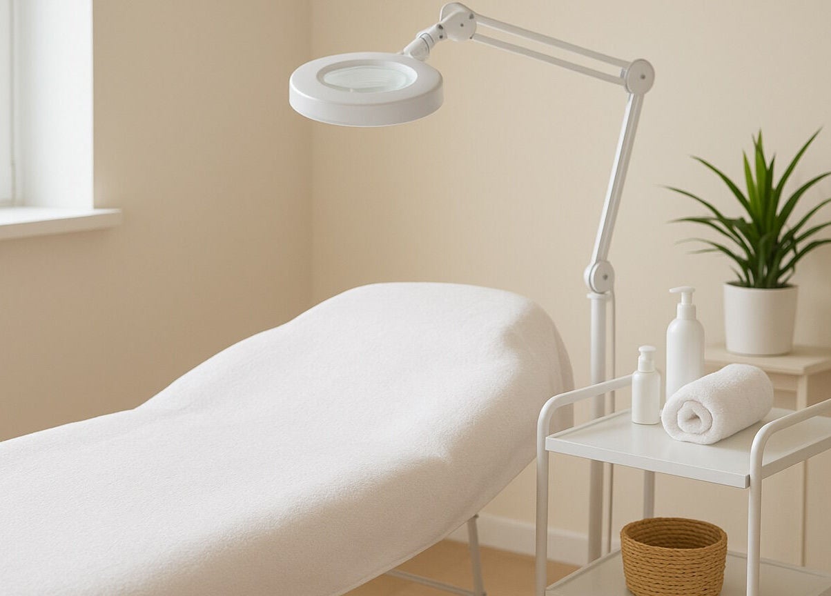 Calm treatment room at LH- aesthetic skin care specialist, Godalming, England, GB with a white bed and decor.
