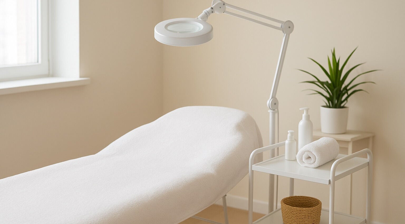 Calm treatment room at LH- aesthetic skin care specialist, Godalming, England, GB with a white bed and decor.