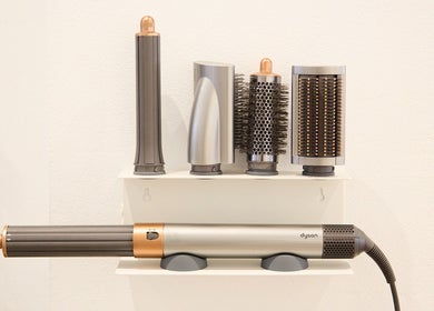 Hair by Rhie salon tools on display in Surry Hills, New South Wales, AU, including a Dyson hair kit.