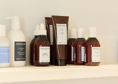 High-end hair care products on display at Hair by Rhie in Surry Hills, New South Wales, AU.