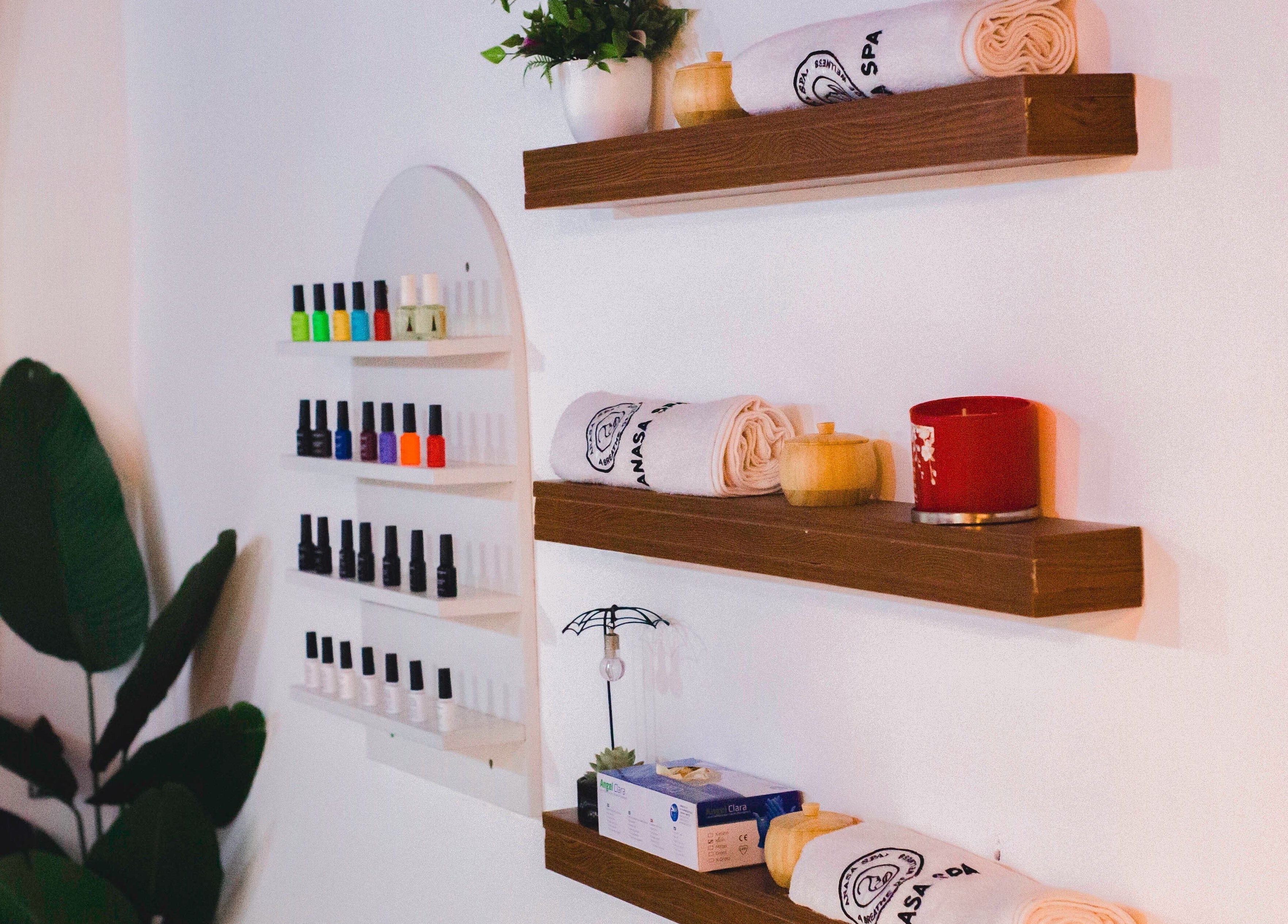 Nail polish and spa towels on display at Anasa Spa & Wellness, Ogbodjo, Greater Accra Region, GH.