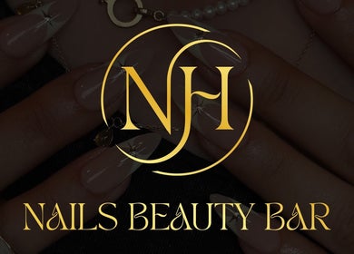 NH NAILS BEAUTY BAR logo over stylish nails in Rosebery, New South Wales, AU.