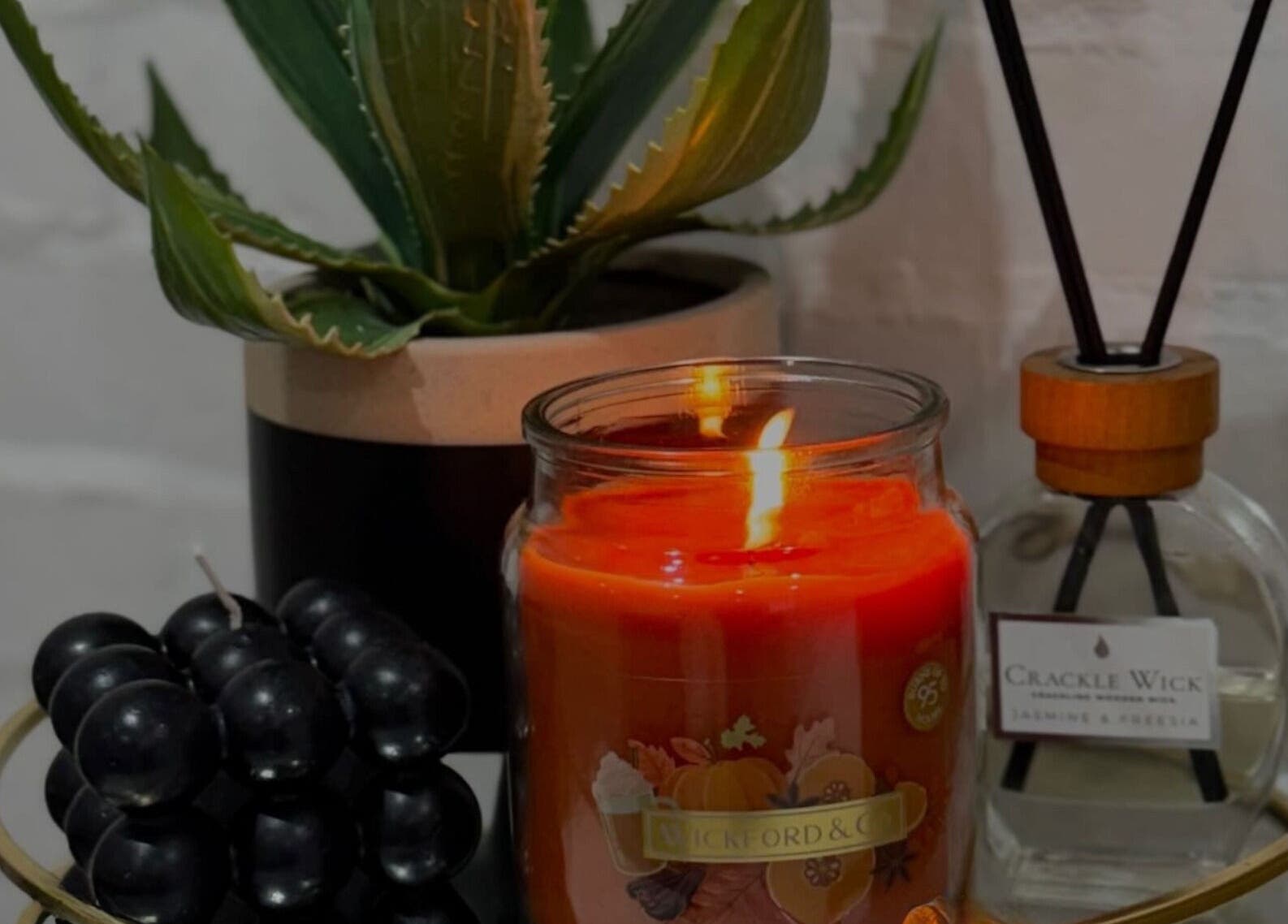 Cozy candle with plant and diffuser at Studio.19, Ixworth, England, GB, creating a warm ambiance.