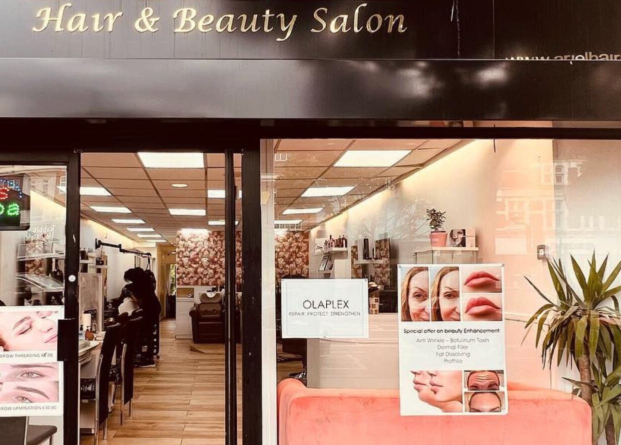 Front of Ariel Hair & Beauty in London, England, GB, showcasing a stylish salon entrance.