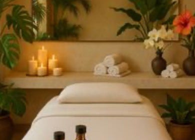 Relaxing spa setup with candles and plants at Dessa Therapist, Grantham, England, GB.