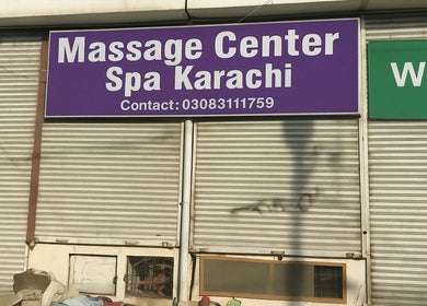 Massage Center Spa Karachi entrance with signage in Karachi, Sindh, PK.