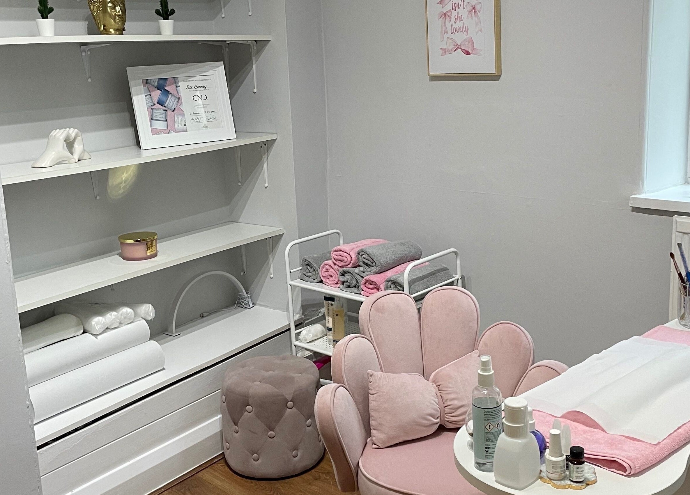 Cozy nail studio setting at Nails by Kate Kennedy in Huddersfield, England, GB with stylish pink decor.