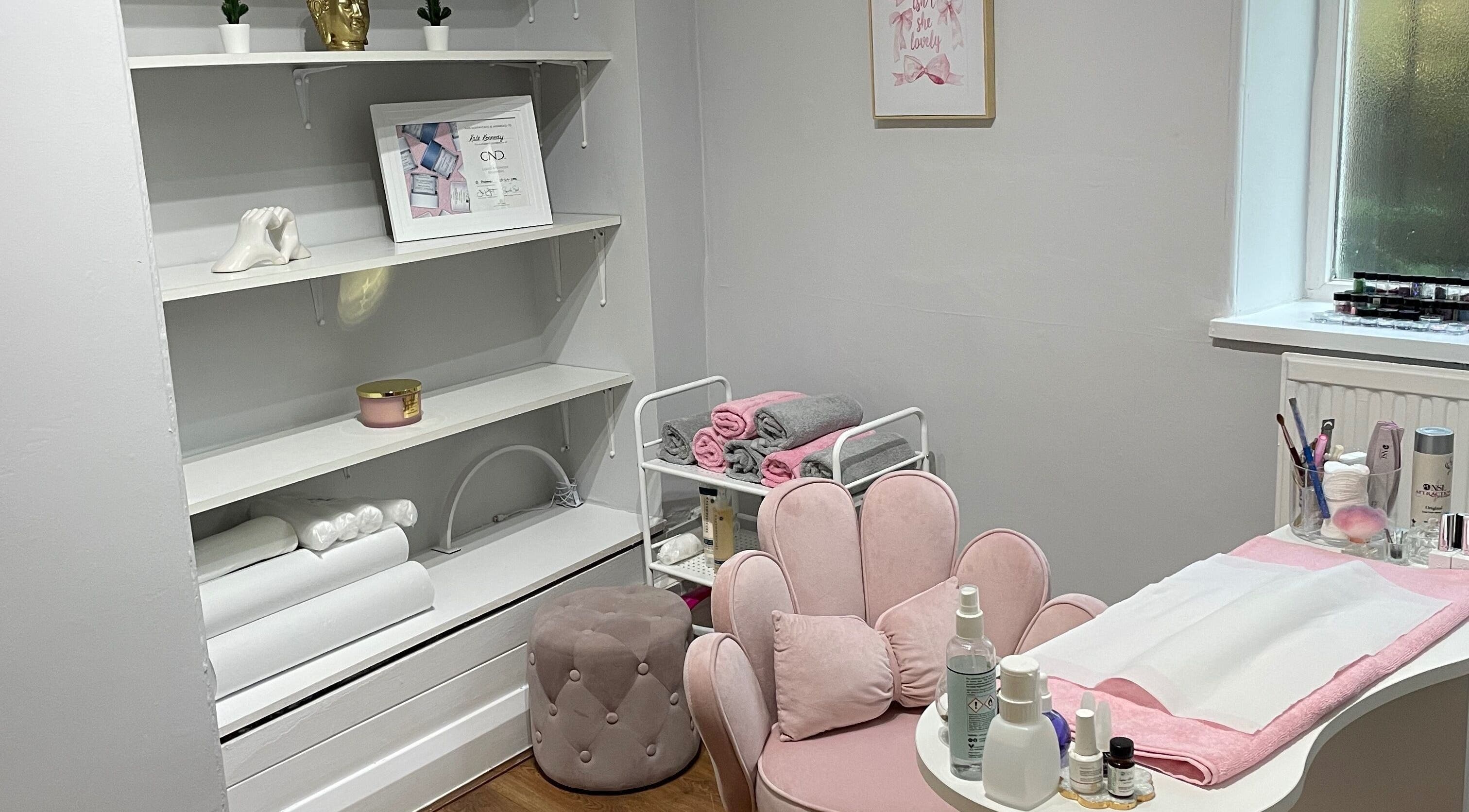 Cozy nail studio setting at Nails by Kate Kennedy in Huddersfield, England, GB with stylish pink decor.