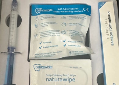 Self-administered teeth whitening kit at Pearl bright, Reigate, England, GB.