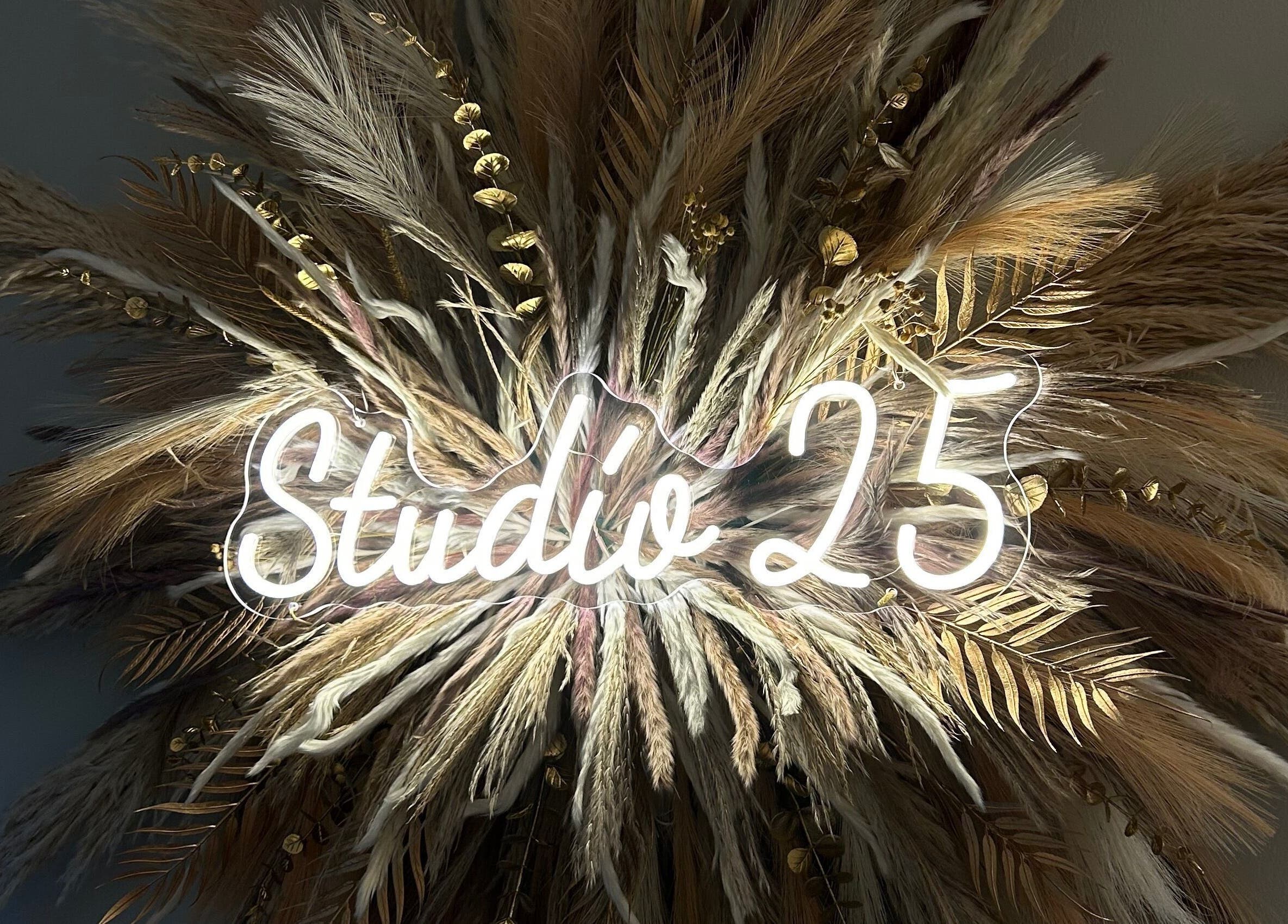 Studio 25 by Sadhbh glowing sign surrounded by pampas in Banagher, County Offaly, IE.