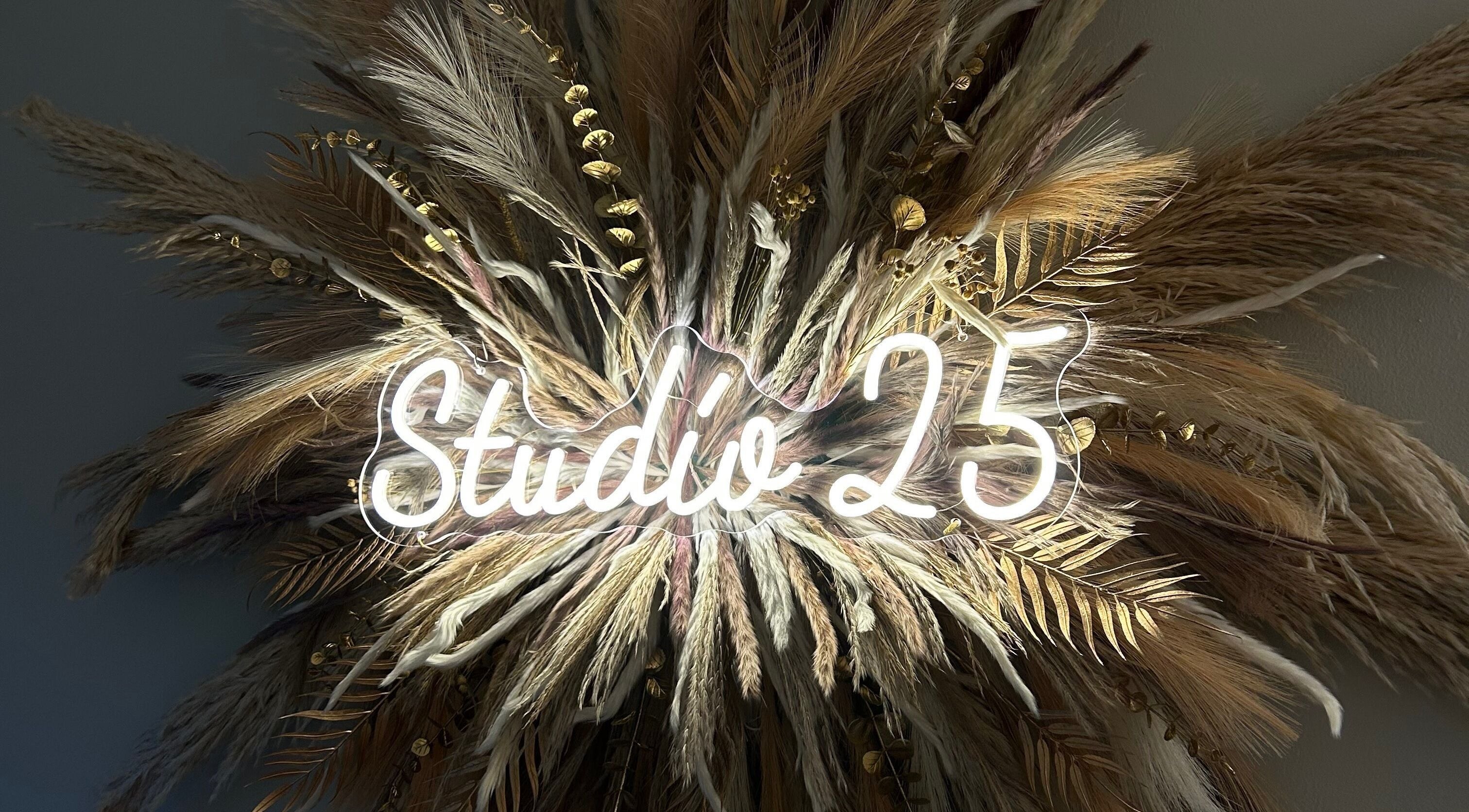 Studio 25 by Sadhbh glowing sign surrounded by pampas in Banagher, County Offaly, IE.