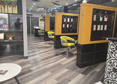 Interior of Seoul Hair salon in Calgary, Alberta, CA with modern chairs and sleek decor.