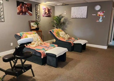 Relaxing spa chairs at Immanuel Acupressure Nature Spa, Rockville, Maryland, US offer comfort and tranquility.