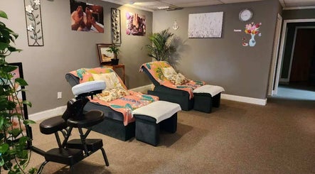 Relaxing spa chairs at Immanuel Acupressure Nature Spa, Rockville, Maryland, US offer comfort and tranquility.