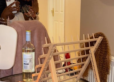 Relaxing beauty setup with wine and wig styling at HBN in County Longford, County Longford, IE.