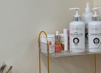 Beauty products on a shelf at The Ladies Room, Lytham Saint Annes, England, GB offering premium skincare.