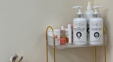 Beauty products on a shelf at The Ladies Room, Lytham Saint Annes, England, GB offering premium skincare.