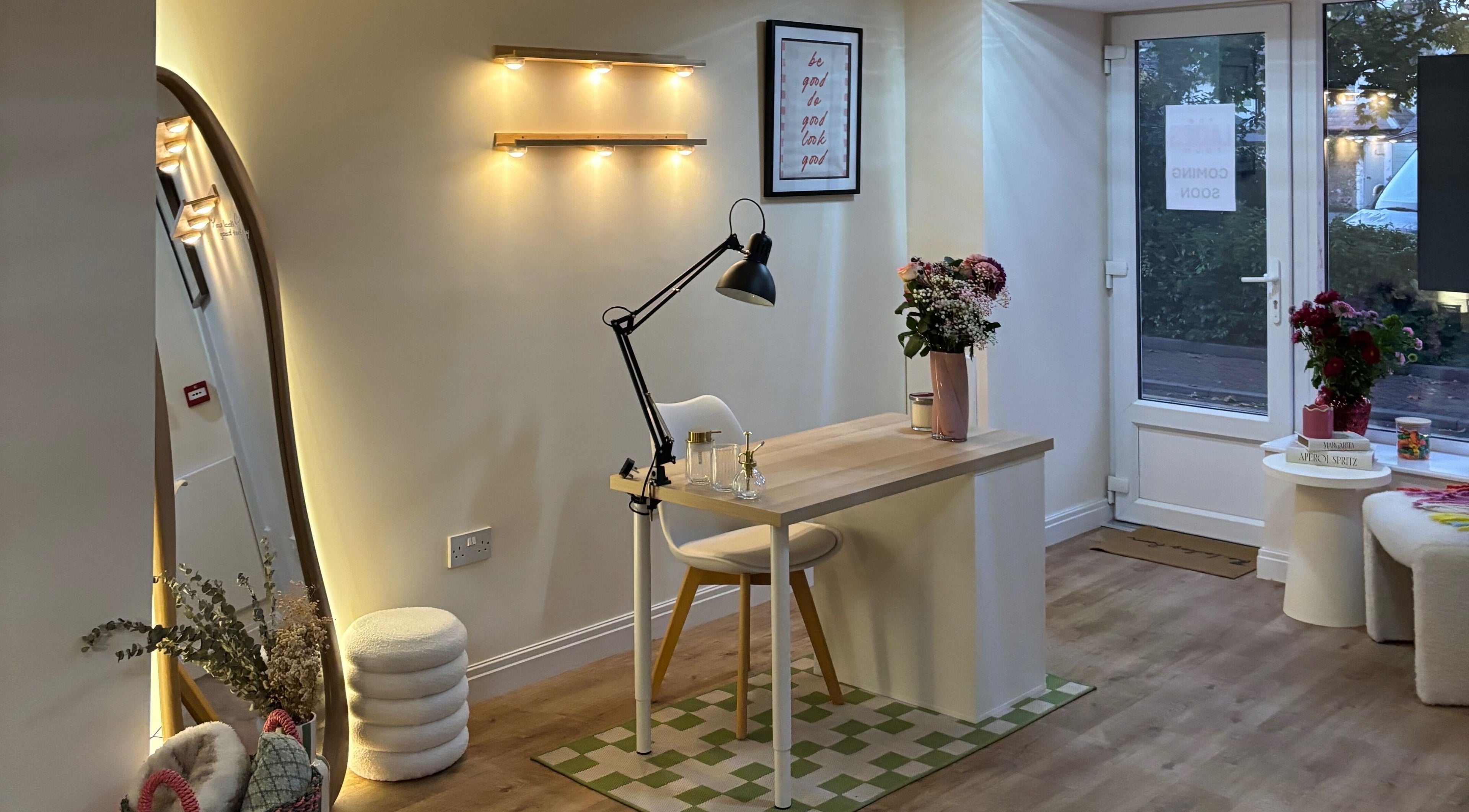 Elegant beauty workstation at The Ladies Room, Lytham Saint Annes, England, GB. Modern decor with ambient lighting.
