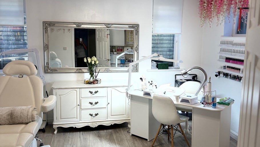 Bright and elegant interior of Nesta salon in Dudley, England, GB, featuring a stylish beauty station.