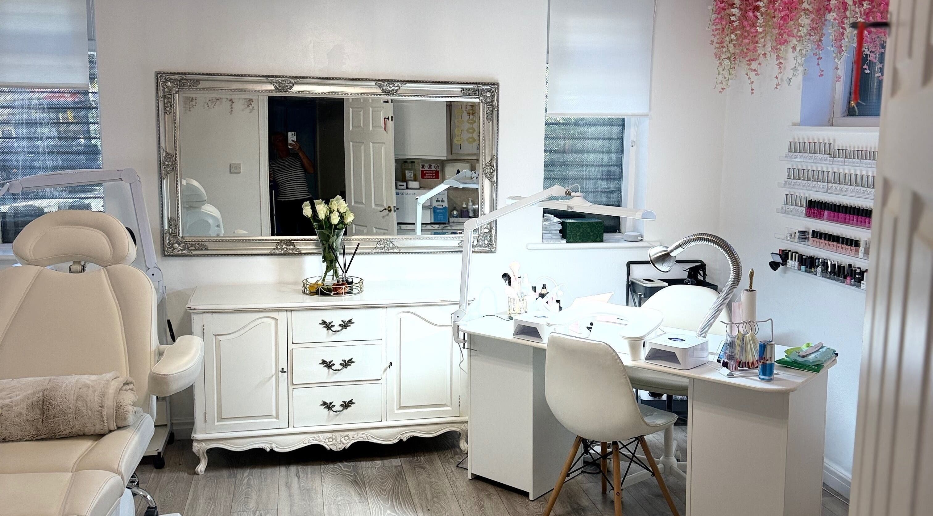 Bright and elegant interior of Nesta salon in Dudley, England, GB, featuring a stylish beauty station.