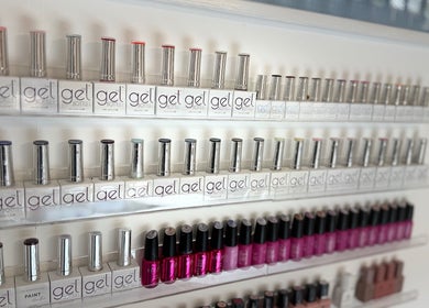 Gel polish collection at Nesta, Dudley, England, GB showcasing a variety of vibrant nail colors.